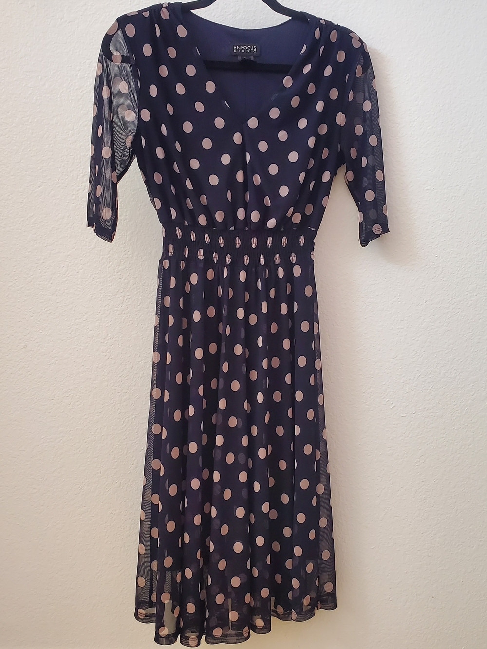 Enfocus Studio Polka Dot Mesh Midi Dress – Navy/Pink – Size 6